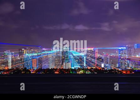 Miami night. Miami skyline at night - panoramic image. City lights.