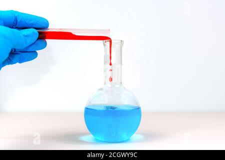 A hand wearing a blue glove pours red liquid from a test tube into a Florence flask with light blue liquid in it. Stock Photo