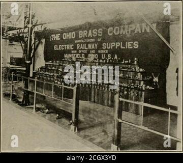 . The street railway review . than on strictry city lines, thesemi-convertible car is recommended as the entrances are exclu-sively at the ends, and passengers sitting next the windows arenot disturbed by the entrance and exit of other passengers. OHIO BRASS EXHIBIT. One of the most conspicuous displays is that of the Ohio BrassCompany, of Mansfield, Ohio, which is located in the first balconyabove the main floor. This exhibit is vcr&gt; attractively arranged,and shows a representative line of overhead material, motor andcar supplies and track bonding devices, which are displayed on apyramid o Stock Photo