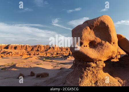 Skull shaped HooDoo in Goblin Valley State Park, San Rafael Desert,  Emery,  Utah, USA Stock Photo