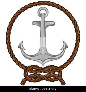 Vector illustration of anchor surrounded by intertwined rope, shadow white background Stock Vector