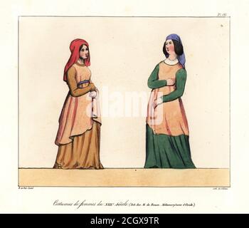 French women's costumes of the 13th century. From a manuscript in Rouen Library, the Metamorphosis of Ovid. Costumes de femmes du XIIIe siecle (Bib. des M. de Rouen, Metamorphoses d’Ovide). Handcoloured lithograph by Villain after an illustration by Horace de Viel-Castel from his Collection des costumes, armes et meubles pour servir à l'histoire de la France (Collection of costumes, weapons and furniture to be used in the history of France), Treuttel & Wurtz, Bossange, 1829. Stock Photo