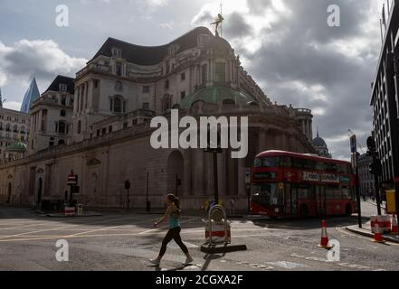 London, UK. 12th Sep, 2020. Photo taken on Sept. 12, 2020 shows a general view of the Bank of England in London, Britain. Britain's gross domestic product (GDP) recorded the third consecutive monthly rise in July 2020 but remained far below the pre-pandemic levels, the Office for National Statistics (ONS) said Friday. Credit: Han Yan/Xinhua/Alamy Live News Stock Photo