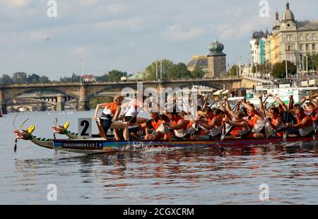 Prague, Czech Republic. 12th Sep, 2020. Teams compete during the 23rd Prague Dragon Boat Festival in the Vltava River in Prague, Czech Republic, Sept. 12, 2020. Credit: Dana Kesnerova/Xinhua/Alamy Live News Stock Photo