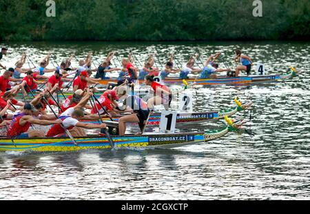 Prague, Czech Republic. 12th Sep, 2020. Teams compete during the 23rd Prague Dragon Boat Festival in the Vltava River in Prague, Czech Republic, Sept. 12, 2020. Credit: Dana Kesnerova/Xinhua/Alamy Live News Stock Photo