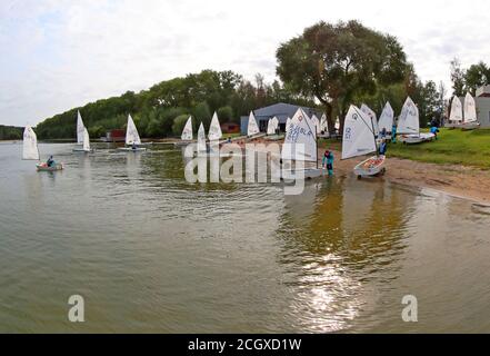 Minsk, Belarus. 12th Sep, 2020. Teenagers sail single-handed dinghy boats at a competition for selecting elites for the national team in Minsk, Belarus, Sept. 12, 2020. Credit: Henadz Zhinkov/Xinhua/Alamy Live News Stock Photo