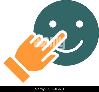 Human chooses a happy emoji colored icon. Share a good mood, positive emotion symbol. Stock Vector