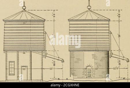 . Railroad structures and estimates . r or outer posts are boarded in, or thestructure is enclosed by a separate house as per Fig. 90c. Thespace enclosed is sometimes used as a pump and boiler room whenconvenient. Tank. — The common wood tank is made of pine, cypress, fir,cedar, or other suitable timber; the staves and bottom are machineshaped, so as to fit tight when erected, and are assembled withdowel pins; the tank walls are held by iron bands on the outside,fastened with lugs and bolts, arranged so that they can be tight-ened up when necessary. The steel tank is made of boiler platesrivet Stock Photo