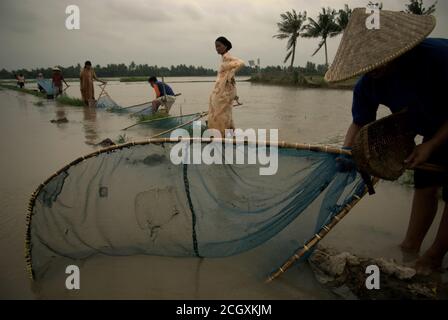 A woman farmer handling pushnet as she and fellow farmers fish on a ...