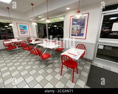 Inside In-N-Out is a fast food burger chain with business in Southwest USA. In-N-Out Burger is a private company with 313 locations. San Diego, USA, August 22, 2020 Stock Photo