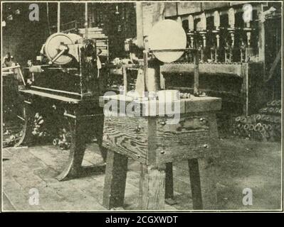 . Railway mechanical engineer . Fig. 2—Eno Lathe Fitted for the InterValve Bushings Grinding of Triple in tlie best possible condition to take the dry graphitelubricant. With the old method of cleaning considerable hammeringand working of the piston rings in the grooves was necessaryin order to loosen them and many rings were broken or bentin the process. The soda solution thoroughly cleans thegrooves and leaves the rings free. This in itself effects aconsiderable saving both of time and material. A Convenient Triple Valve Bushing Grinder The principal wear on triple valve bushings takes place Stock Photo
