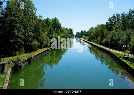 Moy-de-l'Aisne France - 30 July 2020 - Locks in Canal de la Sambre a l'Oise in France Stock Photo