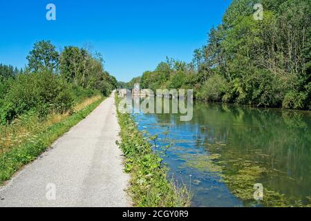 Moy-de-l'Aisne France - 30 July 2020 - Locks in Canal de la Sambre a l'Oise in France Stock Photo
