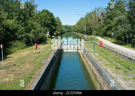 Moy-de-l'Aisne France - 30 July 2020 - Locks in Canal de la Sambre a l'Oise in France Stock Photo