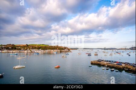 The Falmouth harbour and the Penryn river in Cornwall, England. Flushing, a coastal village, is in the background. Stock Photo