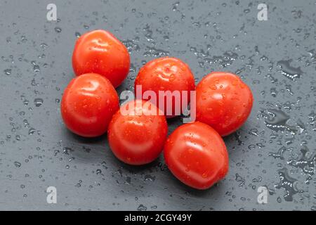 Six small tomatoes just washed and ready to serve and displayed on a black slate board. Stock Photo