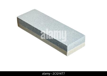 Rectangular double layer sharpening stone. Grindstone or whetstone sharpener, isolated on white background. Kitchen utensils Stock Photo