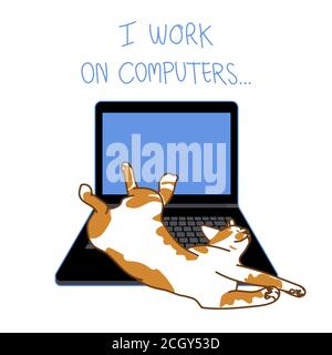 Ginger cat sleep in funny pose on laptop with lettering " I work on computers" isolated on white background., vector illustration. Stock Vector