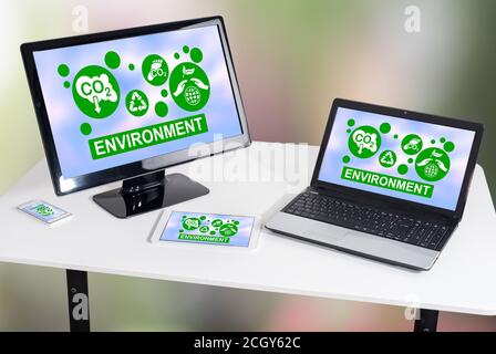 Environment concept shown on different information technology devices Stock Photo