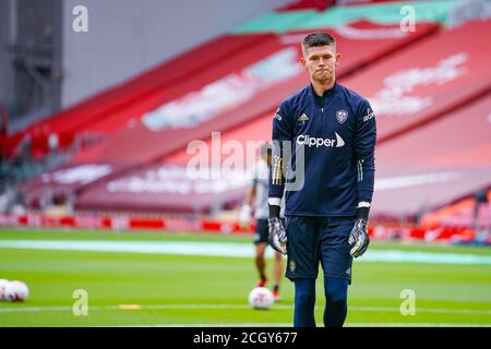 Leeds United goalkeeper Illan Meslier (1) warming up during the English championship Premier League football match between Liverpool and Leeds United Stock Photo