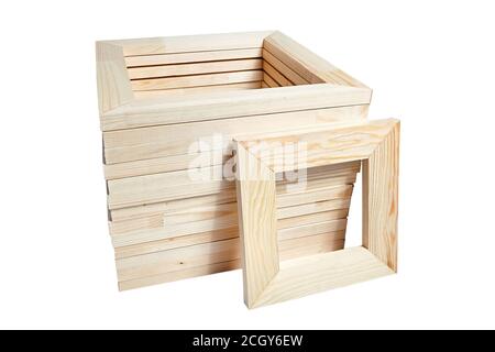 Heap square wooden stretcher bar frames on white background, isolated. Frame for stretching artistic canvas. Product for professional artists and amat Stock Photo
