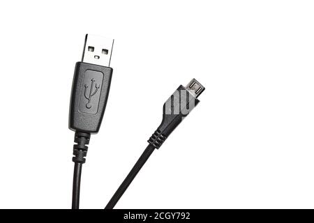 Black usb to micro-usb cable isolated on white background. Closeup Stock Photo