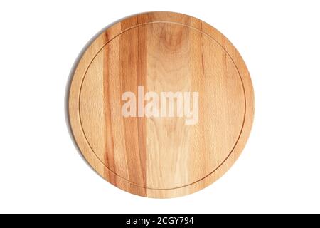 Round wooden beech cutting board isolated on white background Stock Photo