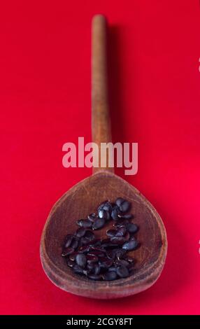 Watermelon seeds in a wooden spoon on red background Stock Photo
