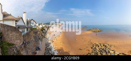 Panoramic view looking east from Connaught Gardens of  Sidmouth, a coastal town in Devon on the Jurassic Coast World Heritage Site Stock Photo