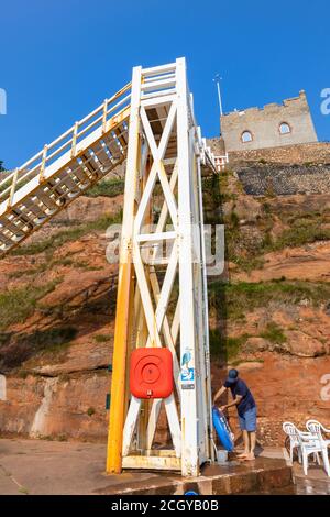 Jacobs Ladder, wooden steps leading from the beach to Connaught Gardens in Sidmouth, a coastal town in Devon on the Jurassic Coast World Heritage Site Stock Photo