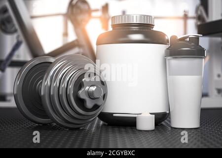 Whey protein can with dumbbell and shaker on the floor of gym. Mock up. Sports bodybuilding supplements and nutrition. 3d illustration Stock Photo