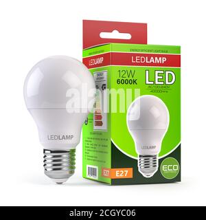 Led lamp with package box isolated on white. Energy efficient light bulb. 3d illustration Stock Photo