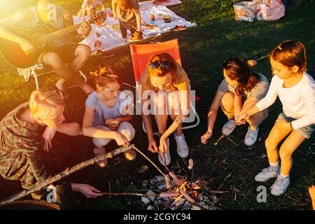 Friends and family gathered around bonfire, having picnic. On a spring sunny day Stock Photo