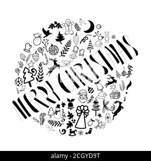 Merry Christmas hand drawn lettering with doodle of Christmas sign and symbol in circle shape. vector illustration Stock Vector