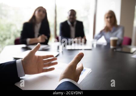 Back view of male candidate talk at job interview Stock Photo