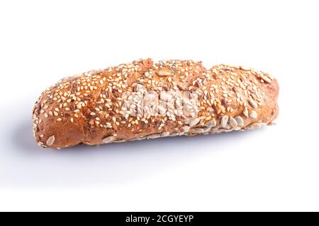 Rye bread with sunflower seeds, sesame and flax isolated on white. close up. Stock Photo