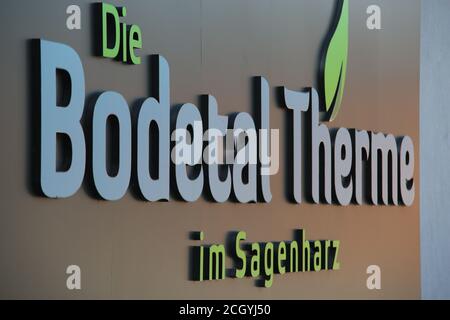 Thale, Germany. 11th Sep, 2020. The lettering 'Die Bodetal Therme im Sagenharz' is located at the Bodetal Therme health and spa centre. The Bodetal Therme health and spa centre was reopened on 12.09.2020 after the Covid-19 closure and comprehensive renovation. Credit: Matthias Bein/dpa-Zentralbild/ZB/dpa/Alamy Live News Stock Photo