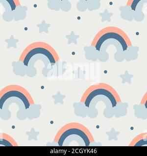 Cartoon illustration with clouds, rainbow and stars Stock Vector