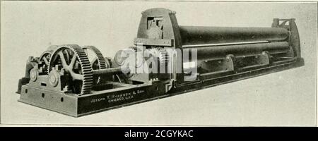. Railway mechanical engineer . ic feedis also controlled from either side; and when thrown intoautomatic feed, the hand crank is automatically disengaged,thus avoiding any possibility of accident due to negligence. The machines are furnished either belt or motor driven.When motor driven a 10-h.p. motor is required for the 3-inchmachine and a IS-h.p. motor for the 4-inch machine. Topslides, threading attachment and an accelerated reaming andhigh speed drilling attachment are not standard equipmentfurnished with the machine. Exceptionally Large Plate Bending Rolls 0. l. of the largest plate-lj Stock Photo