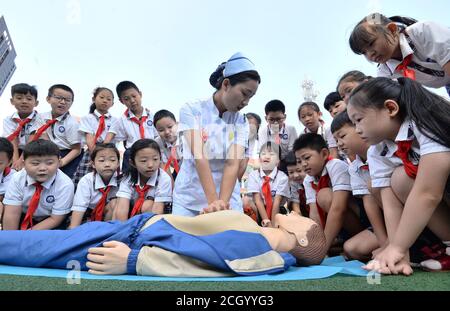 Handan, Handan, China. 13th Sep, 2020. On September 11th, in order to celebrate the ''World First Aid Day'' on September 12th, HebeiÃ¯Â¼Å'CHINA-medical staff from the Third Hospital of Handan city, Hebei Province visited The Handan District fumhe School in the south of Hebei Province. They taught the pupils cardiopulmonary resusitation, bundling and other emergency skills on the spot, spread the knowledge of first aid, and improved the children's emergency risk awareness and first aid ability. Credit: SIPA Asia/ZUMA Wire/Alamy Live News Stock Photo
