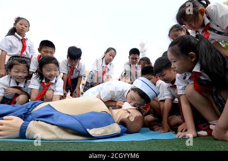Handan, Handan, China. 13th Sep, 2020. On September 11th, in order to celebrate the ''World First Aid Day'' on September 12th, HebeiÃ¯Â¼Å'CHINA-medical staff from the Third Hospital of Handan city, Hebei Province visited The Handan District fumhe School in the south of Hebei Province. They taught the pupils cardiopulmonary resusitation, bundling and other emergency skills on the spot, spread the knowledge of first aid, and improved the children's emergency risk awareness and first aid ability. Credit: SIPA Asia/ZUMA Wire/Alamy Live News Stock Photo