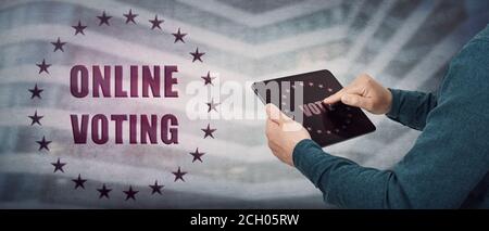 Close up person hands using PC tablet for online voting, as pressing the vote icon on gadget display. Modern technology and election concept. Voter ch Stock Photo