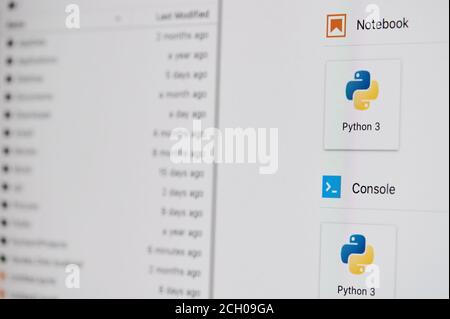 New york, USA - September 13, 2020: Menu in Python 3 programming platform on computer screen close up view Stock Photo