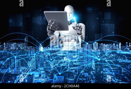 Robot humanoid using tablet computer for global network connection using AI thinking brain , artificial intelligence and machine learning process for 4th industrial revolution . 3D illustration. Stock Photo