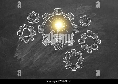 Human brain build out of cogs and gears on blackboard. Concept of idea. Stock Photo