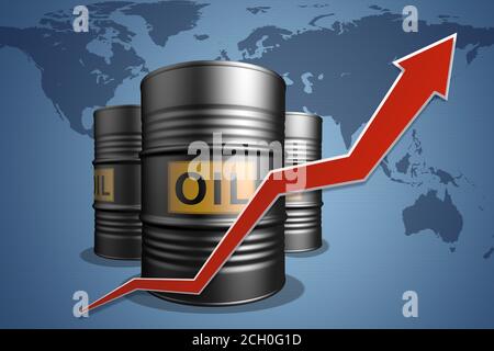 Three oil barrels with a red up arrow on world map background.  Rising oil prices. Stock Photo