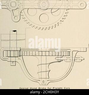 . Railway mechanical engineer . m^mski^ER). Geared Hand eight Cars 100 lb. exerted at the rim of a 16 in. brake wheel it is claimedt.i produce over 1.700 lb. pull on the chain. This is morethan four times the force exerted on the chain by the usualtype of hand brake where the chain is wound on a. /2 in.drum at the lower end of the brake shaft. To successfully meet the conditions imposed upon a handbrake for freight equipment cars the cost must be low. Withthis consideration in view the use of finished parts has beenavoided as far as possible, the only finished surface in thedevice being the b Stock Photo