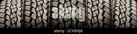with off-road tire tread texture, auto background, panoramic photo Stock Photo