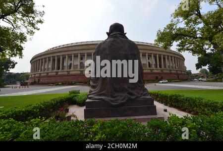 New Delhi, India. 13th September, 2020. A view of Indian Parliament House ahead of the Monsoon Session, in New Delhi.Parliament Building is such an iconic structure in Delhi. Parliament is fully prepared for the 18-day Monsoon Session from Monday, Sept. 14, 2020, under the shadow of the coronavirus pandemic with many firsts, including sitting of the two Houses in shifts without any off day, entry only to those having a negative COVID-19 report and compulsory wearing of masks. Credit: PRASOU/Alamy Live News Stock Photo