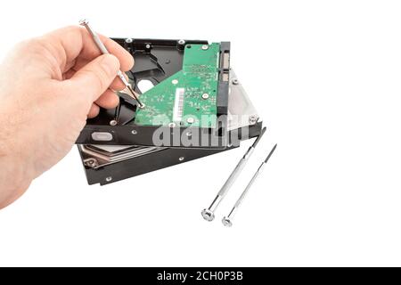 Set of screwdrivers for repair. Computer repair. Computer hard drive. banner copy space, isolated Stock Photo